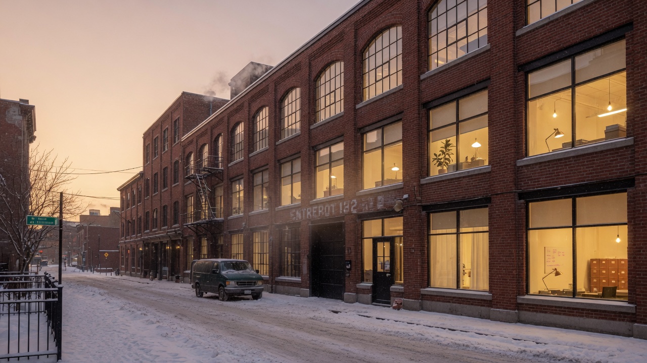Façade d’un bâtiment de bureaux à Montréal, en fin de journée.
